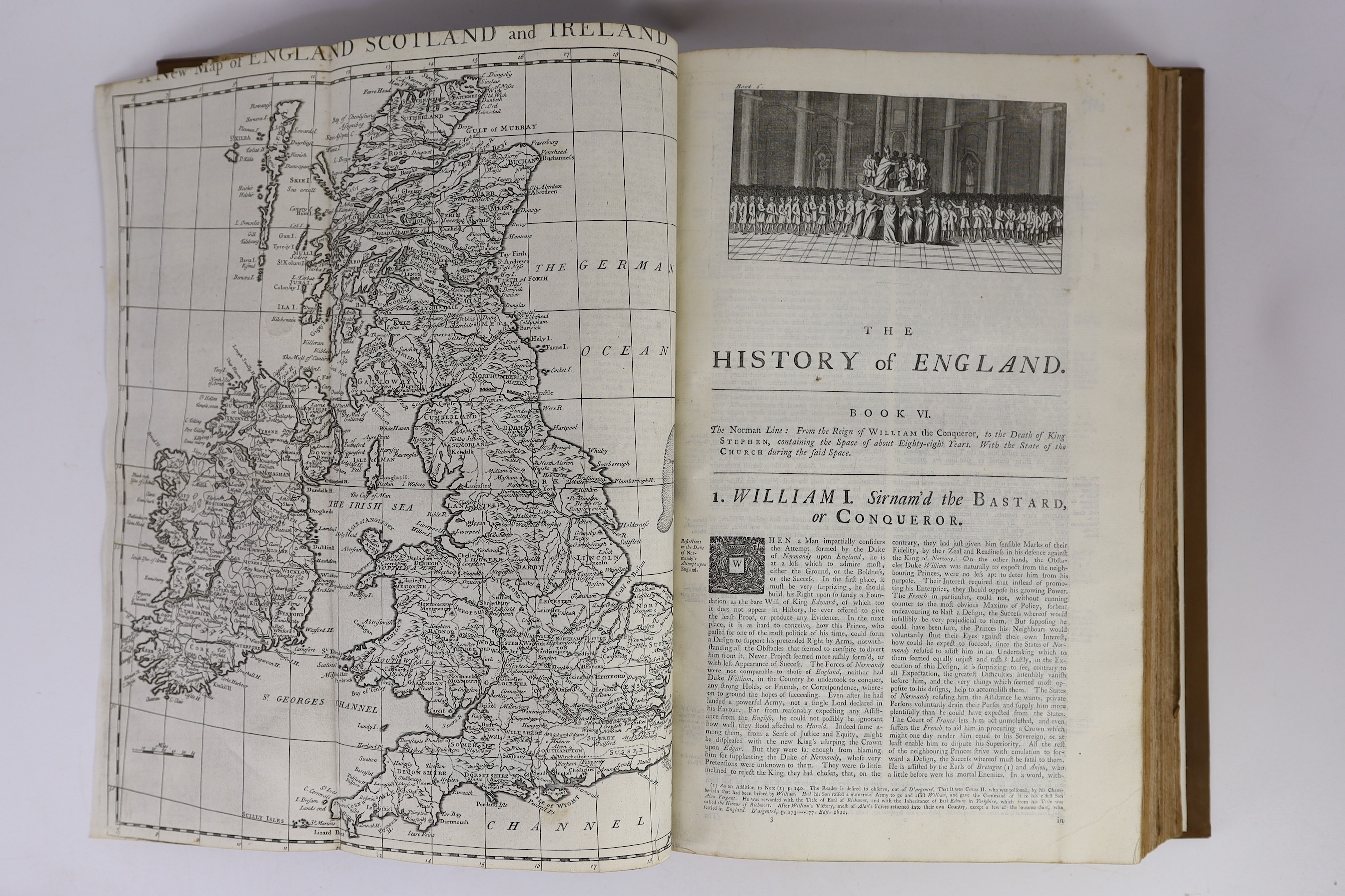 Rapin de Thoryras, Paul - The History of England, 2nd edition, 2 vols, folio, rebound full calf, with 4 folding maps, lacking portrait, red ink staining to leaf edges at end of vol 2, James, John and Paul Knapton, London
